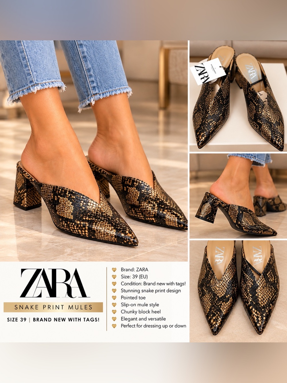 🐍ZARA Snake Print Mule Heels – Size 39 ✨
Gives Reputation Vibe